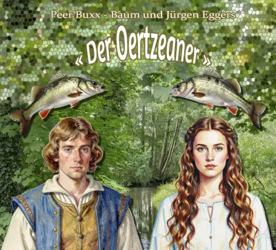 „Der Oertzeaner“ – Musikalbum als Audio-CD Das Cover einer Audio-CD zeigt eine Collage mit Zeichnungen eines Mannes und einer Frau vor einem Fluss mit Laubbäumen an den Ufern. Zwei Fische springen über die Personen