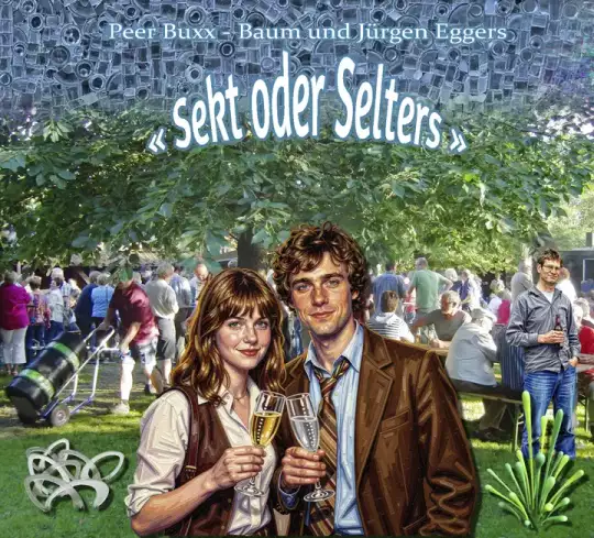 „Sekt oder Selters“ – Musikalbum als Audio-CD Das Cover einer Audio-CD zeigt eine Collage mit Zeichnungen eines Mannes und einer Frau vor einem Biergarten mit Glaskunstwerken auf dem Rasen