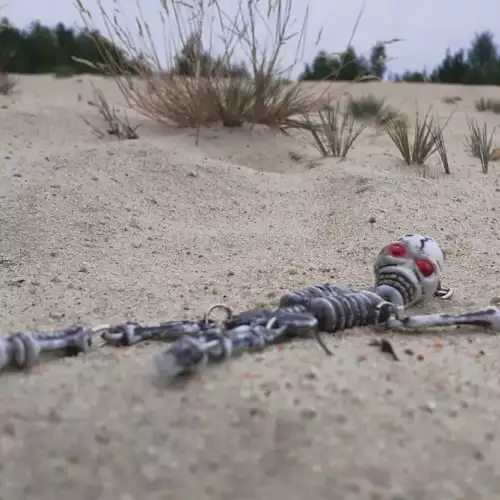 Ein weggeworfenes Plastik-Skelett Ein kleines Skelett-Modell liegt mit dem Rücken auf einem Sandhügel