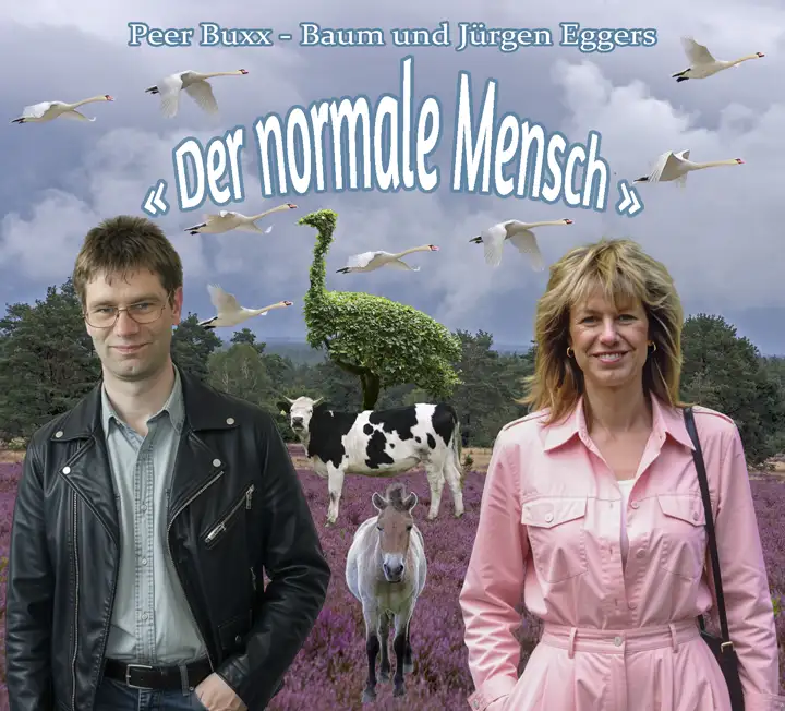 „Der normale Mensch“ – Musikalbum als Audio-CD Das Cover einer Audio-CD zeigt eine Collage mit einem Mann und einer Frau und vor einer Heidelandschaft mit weiteren Tieren
